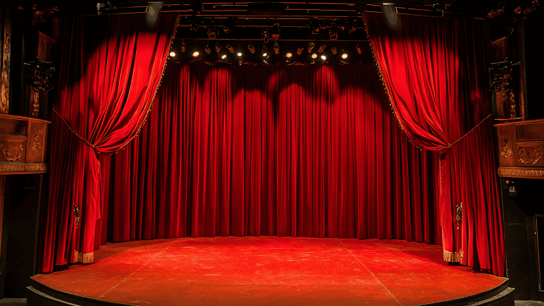 Stage performance with red velvet curtains, spotlight lighting, and theater ambiance emphasizing education and performance arts themed keywords for Bryan University Online©.
