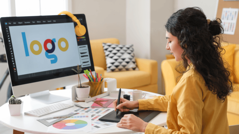 A person using a digital tablet to design a logo at a bright workspace.